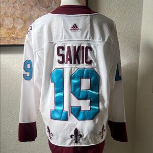 Denver Sakic #19 Adidas White, Maroon, Teal Hockey Jersey Den Avalanche Captain